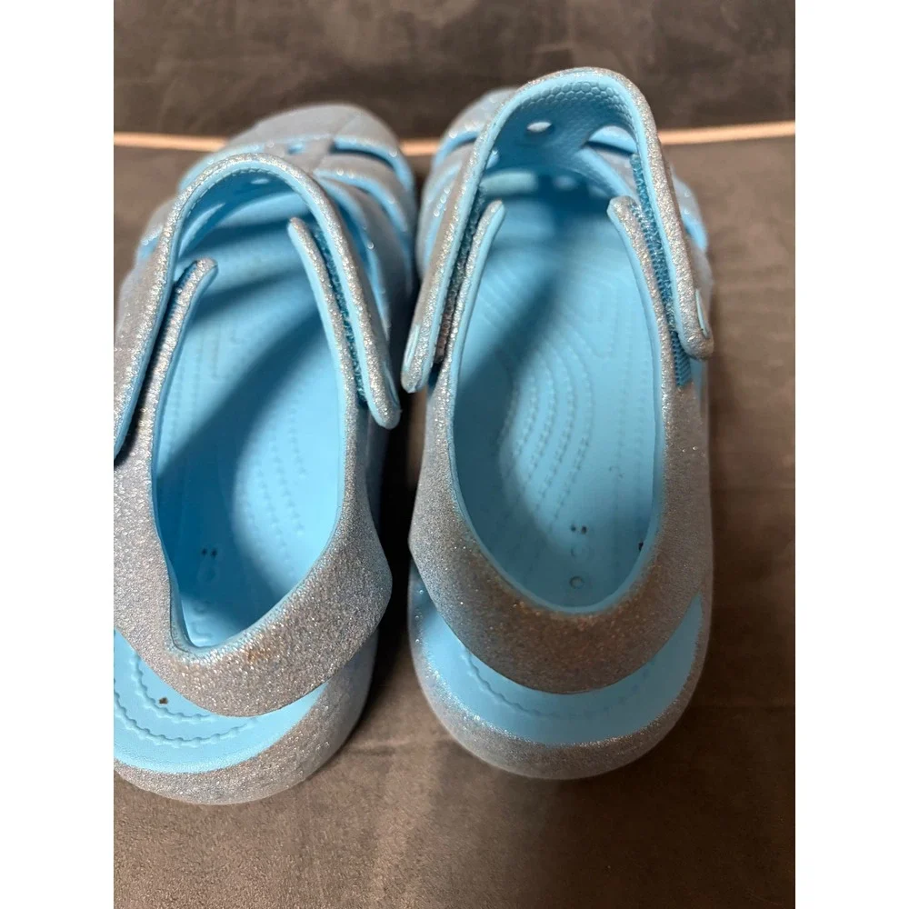 Crocs Glitter Sandals Blue Sparkle Jelly Fisherman Shoes Kids Junior 4